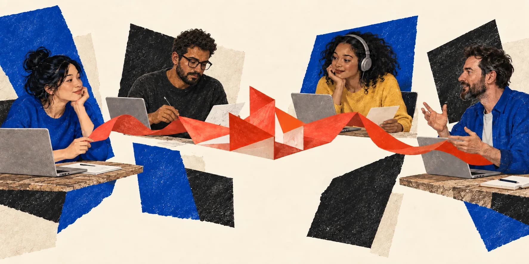 Quatro profissionais remotos conectados por uma fita vermelha que atravessa a conversa.